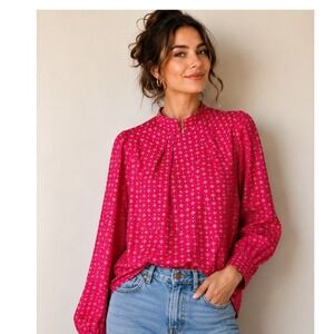 SHEIN Pink Geo Print Mock Neck Long Sleeve Blouse Top Size M